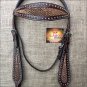 HILASON WESTERN LEATHER HORSE BRIDE HEADSTALL BROWN W/ GOLD INLAY