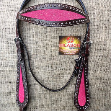 HILASON WESTERN LEATHER HORSE BRIDE HEADSTALL BROWN W/ PINK INLAY