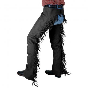 X LARGE TOUGH 1 LUXURY SYNTHETIC SUEDE LEATHER CHAPS W/ FRINGE BLACK