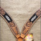 S469 HILASON WESTERN LEATHER HAND TOOL HORSE BREAST COLLAR TAN W/ BLACK INLAY