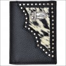JUSTIN BLACK PEBBLE GRAIN LEATHER SHELL WESTERN TRIFOLD WALLET W/ HAIR ON INLAY