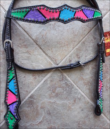 HILASON WESTERN LEATHER HORSE BRIDLE HEADSTALL TAINTED GLASS