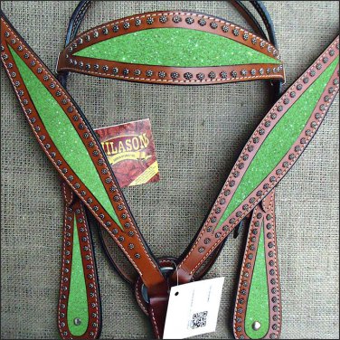 HILASON WESTERN LEATHER HORSE HEADSTALL BRIDLE BREAST COLLAR MAHOGANY LIME GREEN