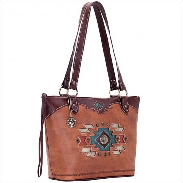 AMERICAN WEST ZUNI PASSAGE LEATHER ZIP TOTE HAND BAG PURSE GOLDEN TAN CONCHO