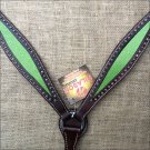 HILASON WESTERN LEATHER HORSE BREAST COLLAR BROWN W/ LIME GREEN INLAY
