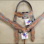 HILASON WESTERN LEATHER HORSE BREAST COLLAR W/ TURQUOISE H PAINT INLAY