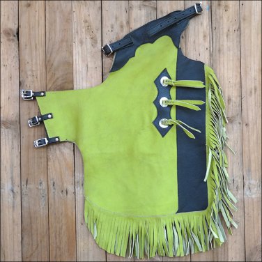 F840 HILASON PRO RODEO BRONC BULL RIDING GREEN SMOOTH LEATHER CHINKS CHAPS YOUTH