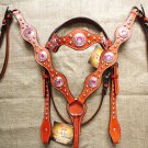 HILASON WESTERN LEATHER HORSE HEADSTALL BREAST COLLAR MAHOGANY W/ PINK CONCHOS