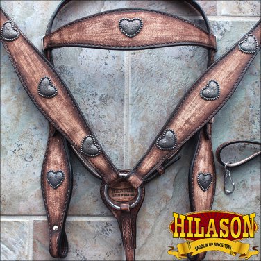 HILASON WESTERN LEATHER HORSE HEADSTALL BREAST COLLAR ANTIQUE BROWN HEART CONCHO