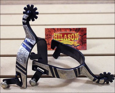 HILASON BLACK STEEL MEN SPURS ENGRAVED GERMAN SILVER TRIM AND CONCHOS