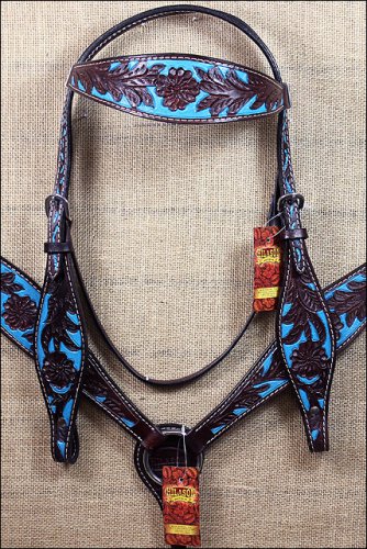 HILASON WESTERN LEATHER HORSE BRIDLE HEADSTALL BREAST COLLAR BROWN TURQUOISE