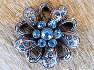 SET OF 2 CRYSTAL RHINESTONE BLING CONCHOS FLORAL DESIGN ANTIQUE COPPER FINISH