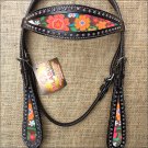 HILASON WESTERN LEATHER HORSE BRIDLE HEADSTALL BLACK W/ FLORAL INLAY