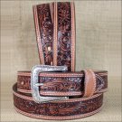 38 INCH WESTERN MEN TAN TOOLED DARK BROWN LEATHER STITCHING BELT