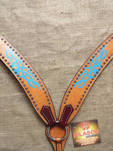 S544 NEW HILASON WESTERN LEATHER HORSE BREAST COLLAR TAN W/ TURQUOISE HAND PAINT