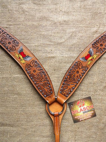 S47 NEW HILASON WESTERN LEATHER HORSE BREAST COLLAR LOVE HEART W/ ANGEL WINGS