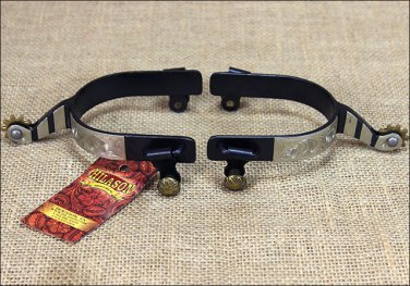 HILASON BLACK STEEL MEN ROPER SPURS ENGRAVED GERMAN SILVER TRIM BRASS ROWEL