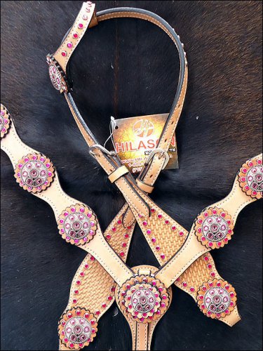 A502 HILASON WESTERN LEATHER HORSE ONE EAR HEADSTALL BREAST COLLAR TAN W/ CONCHO