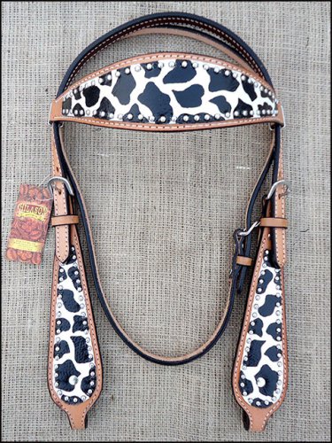 S586 HILASON WESTERN LEATHER HORSE BRIDLE HEADSTALL BLACK & WHITE GIRAFFE PRINT