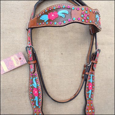 V1 HILASON WESTERN LEATHER HORSE HEADSTALL BRIDLE HAND PAINT TURQUOISE PINK