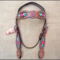 V1 HILASON WESTERN LEATHER HORSE HEADSTALL BRIDLE HAND PAINT TURQUOISE PINK