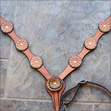 S499 HILASON WESTERN LEATHER HORSE BREAST COLLAR TAN W/ GREEN RHINESTONES