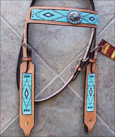 HILASON WESTERN LEATHER HORSE BRIDLE HEADSTALL TURQUOISE BEADED INLAY W/ CONCHO
