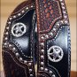 32 inch JUSTIN TEXAS ALL STAR TOOLED WESTERN LEATHER MEN BELT BLACK STAR CONCHO
