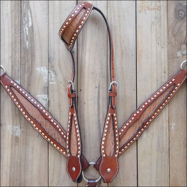 66 HILASON WESTERN CROCODILE LEATHER HORSE ONE EAR HEADSTALL BREAST COLLAR BROWN
