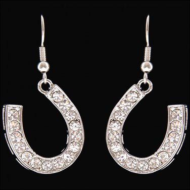 3D SILVER STRIKE TONE LADIES CLEAR CRYSTAL HORSESHOE WOMEN EARRINGS FRENCH HOOK