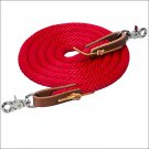 RED 8 FT WEAVER HORSE POLY ROPING REINS W/ LEATHER LACES LOOP ENDS