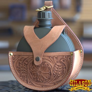 BG154-F HILASON TAN TOP GRAIN LEATHER FLORAL CARVING 2 QUART CANTEEN HOLSTER BAG