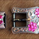 SET OF 32 CRYSTAL FUSCHIA CRYSTALS FLORAL COPPER FINISH BUCKLE BELT HEADSTALL