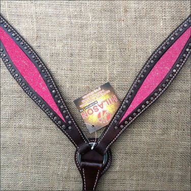 HILASON WESTERN LEATHER HORSE BREAST COLLAR BROWN W/ PINK INLAY