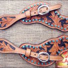 PS112F- HILASON WESTERN LEATHER SPUR STRAPS LIGHT OIL BLACK HAND PAINT INLAY