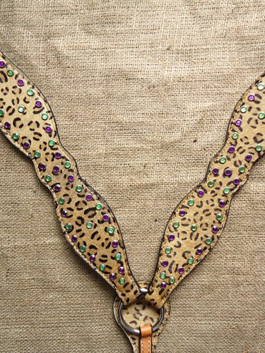 S232 HILASON WESTERN LEOPARD CHEETAH LEATHER HORSE BREAST COLLAR W/ RHINESTONES