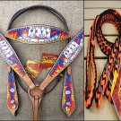 HILASON WESTERN LEATHER HORSE HEADSTALL BREAST COLLAR REINS CARDS