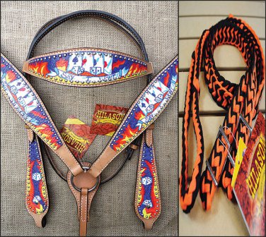 HILASON WESTERN LEATHER HORSE HEADSTALL BREAST COLLAR REINS CARDS