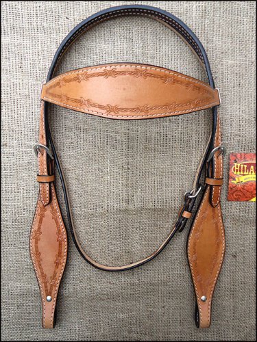 S321 HILASON WESTERN HAND TOOL BARB WIRE LEATHER HORSE BRIDLE HEADSTALL TAN