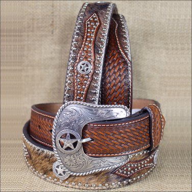 WESTERN NOCONA HAIR STAR CONCHO BROWN LEATHER MENS BELT 34-46 INCHES