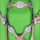 HILASON WESTERN LEATHER HORSE HEADSTALL BREAST COLLAR TAN TURQUOISE CONCHO BLING
