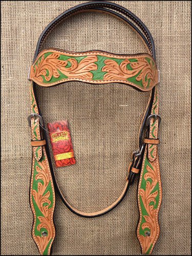 HILASON WESTERN LEATHER HORSE HEADSTALL BRIDLE LIGHT OIL GREEN HAND PAINT