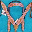 HILASON WESTERN LEATHER HORSE BRIDLE HEADSTALL BREAST COLLAR TAN W/ PINK INLAY