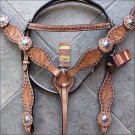 WESTERN LEATHER HORSE BRIDLE HEADSTALL BREAST COLLAR TAN PURPLE RHINESTONES