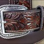 44 INCH WESTERN ARIAT SILVER BUCKLE LEATHER MENS BELT TOOLED FLORAL TAN