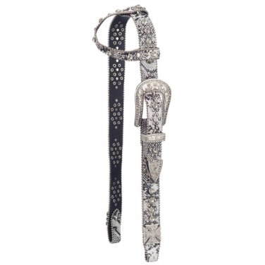 TOUGH 1 GREYSON BELT BUCKLE BLING SINGLE EAR LEATHER HEADSTALL WHITE