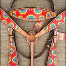F95 HILASON WESTERN LEATHER HORSE BRIDLE HEADSTALL BREAST COLLAR RAINBOW TIE