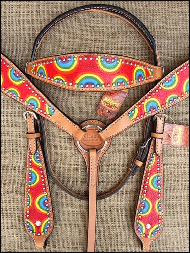 F95 HILASON WESTERN LEATHER HORSE BRIDLE HEADSTALL BREAST COLLAR RAINBOW TIE