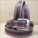 44" TONY LAMA BROWN FLORAL TOOLED LEATHER JAGGED RAIL MEN BELT SILVER STUD