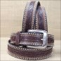 44" TONY LAMA BROWN FLORAL TOOLED LEATHER JAGGED RAIL MEN BELT SILVER STUD